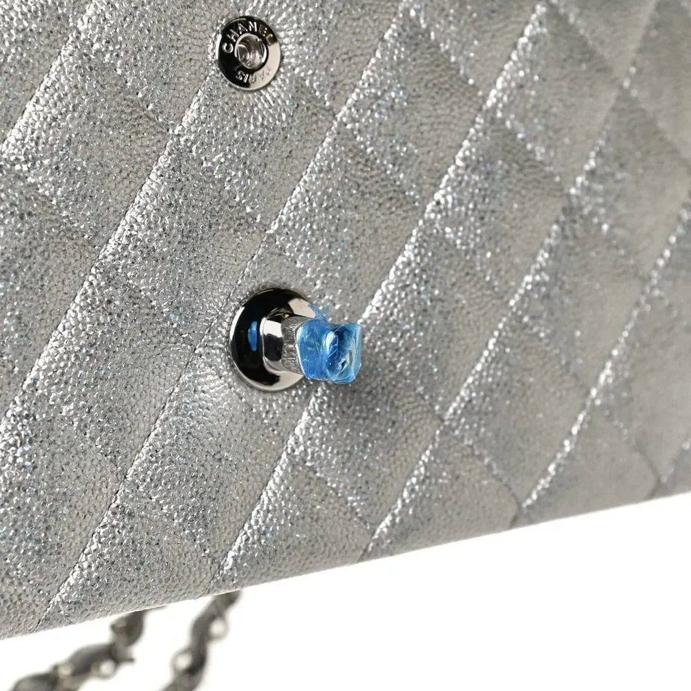 ❌❌ CHANEL 21K Glittered Silver Metallic Caviar Quilted Medium Double Flap CC bag - Picture 11 of 14